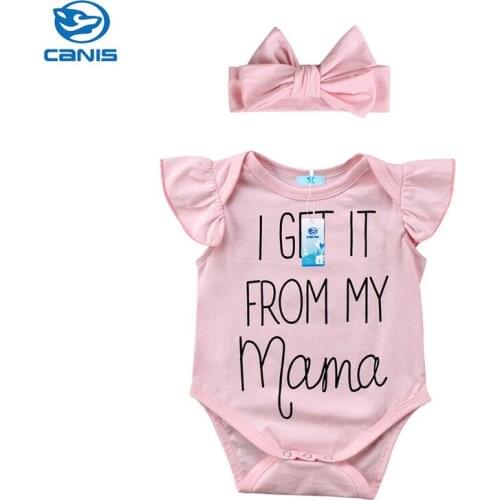 2018 Newborn Baby Girls Clothes Letter Print O-Neck Sleeveless Ruffle Bodysuit Bow Headband 2PCS Kids Toddler Infants Outfits