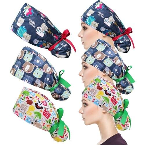 25# 3PC Unisex Adjustable Working Nursing Cap gorro quirófano Button Long Hair Sweatband Hat nurse Cap Cartoon print Gourd hat