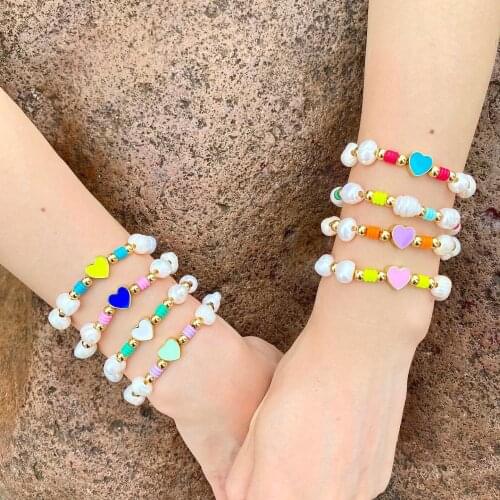 5PCS, Enamel Heart Charm Bracelets for Women 2021 Trendy Elastic Pearl Beads Bangles Friendship Bracelets Wholesale