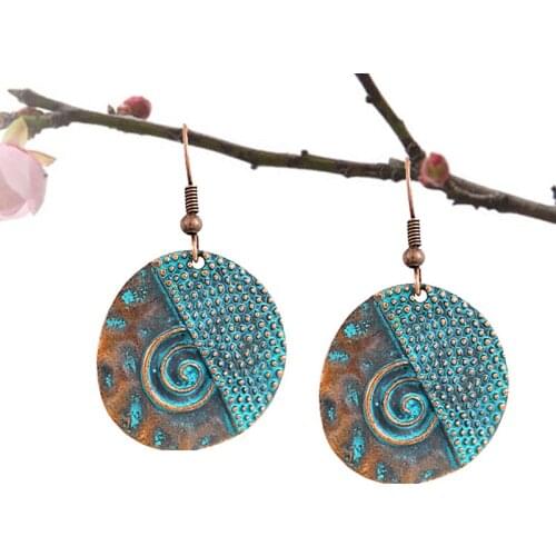 Bohemian Bronze Round Drop Earrings Simple Sun Decorative Pattern Earrings Retro Ethnic Earrings Beach Holiday Jewelry