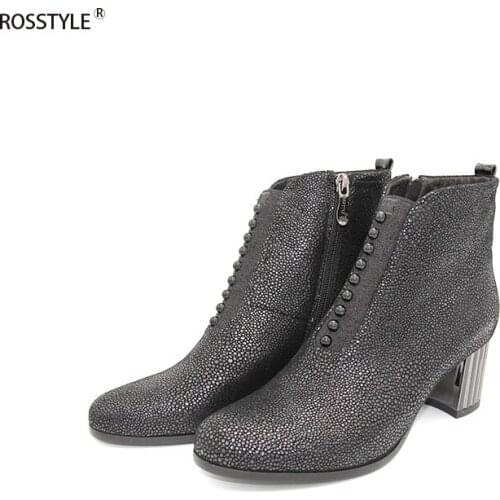 ROSSTYLE Shiny Metal Decoration With Zipper Nubuck Fleeces Ankle Boot Classic Casual Dream Black Basic Boots High Heel Boots B14