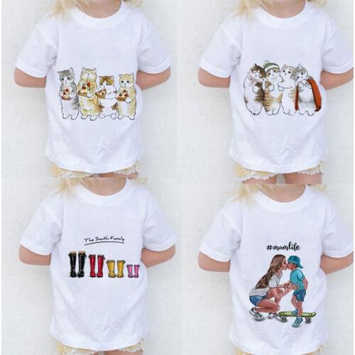 Warm Family Cat Novelty Print 2021 Boys Cloth Kids T Shirt Kawaii Girls Tops Casual Baby Girl Shirt Summer Fashion Short Sleeve
