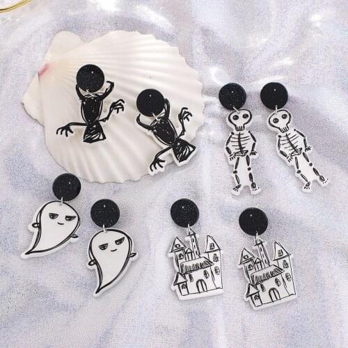 Gojomem Halloween Creative Funny Acrylic Ghost Skeleton Castle Little Devil Pendant Earrings Cool Punk Brincos Women Jewelry