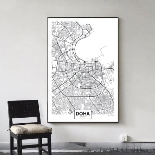 Famous City Map Qatar Doha Printed Canvas Painting Wall Art Pictures Black White Posters and Prints for Living Room Home Decor