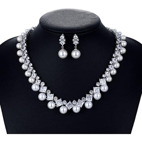 Crystal CZ Cubic Zirconia Bridal Wedding Pearl Necklace Earring Set Jewelry Sets for Women Accessories CN10130