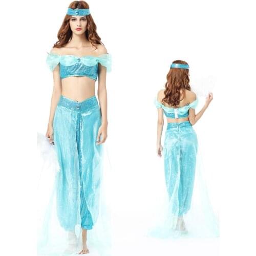High Quality Sky Blue Aladdin Jasmine Princess Costume Sexy Indian Arabian Belly Dance Costume halloween costume