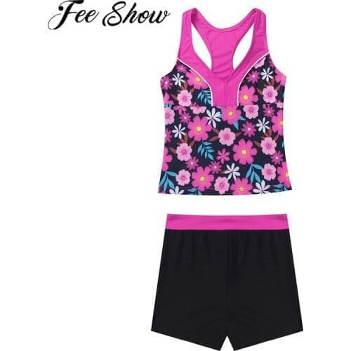 Girls Swimwear Kids Beach Swimming Suit 2Pcs Sleeveless Racer Back Swimming Tops and Shorts Set Two-Piece Swimsuit Bathing Suits