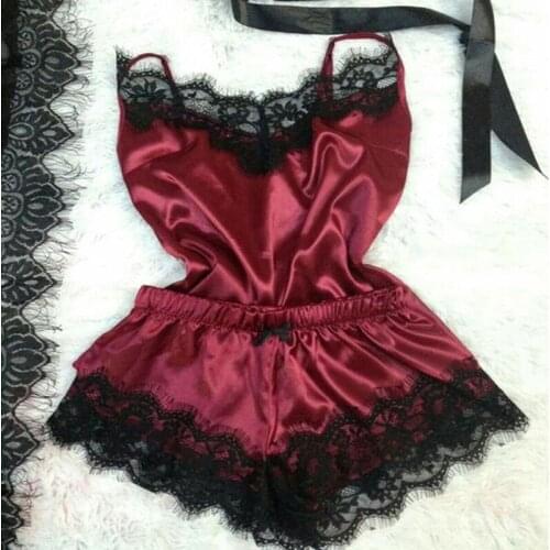 Summer Sleepwear Sexy Lace Silk Satin Pajama Sets Nightwear Sleeveless Nightgown Tops+Shorts 2 Pcs Sets Pyjama Sets Women Pijama