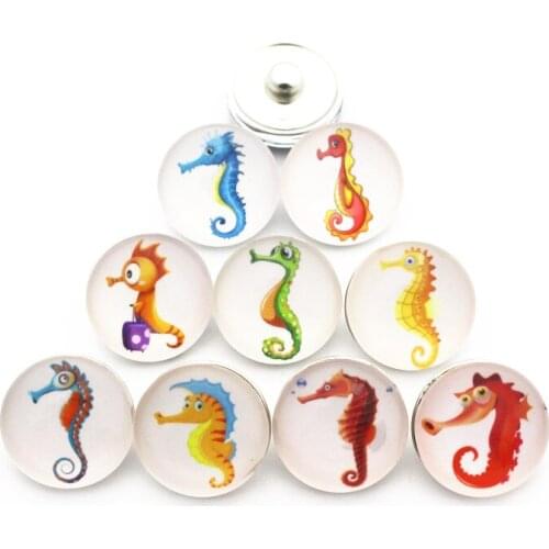 Hot Sale New Sanp 12pcs/lot Cartoon Sea Horse Glass Snap Buttons Charms Fit 18mm Snap Bracelet Replaceable button DIY Jewelry