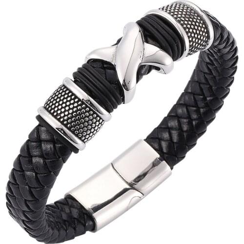 Punk X Shape Stainless Steel Accessories Woven Leather Bracelet Men Jewelry Magnetic Buckle Braided Male Wrist Band Gifts ST0068