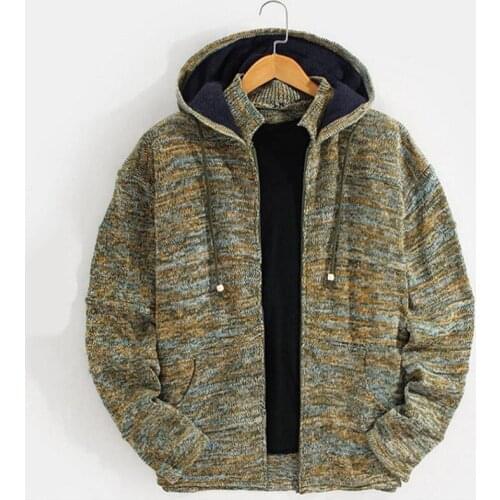 New Men Autumn Winter Thicken Loose Hooded Knit Sweater Zipper Cardigan Jacket Casual Harajuku Clothes Streetwear Pullover Green