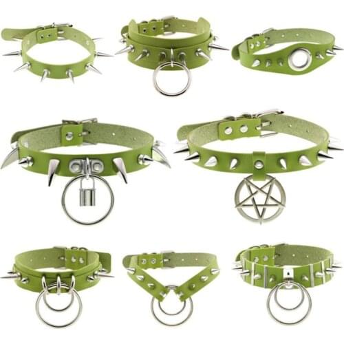 Emo Spike Choker Punk Collar Green Goth Necklace Trendy Vegan Leather Belt Chocker Accessories Harajuku Gothic Jewelry Halloween