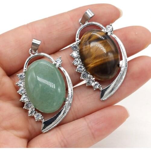 Natural Stone Pendant Oval Crystal Lace Charms for DIY Making Jewelry Necklace Bracelet Accessories Size 25x40mm