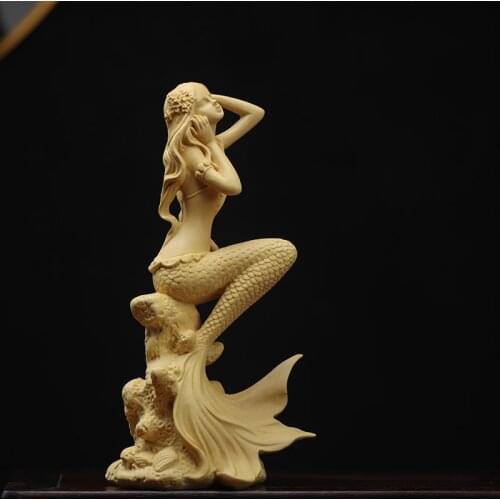 Boxwood 15cm 19cm Mermaid Sculpture Living Room Decoration Sea Beauty Figure Wood Statue Mermaid Home Decor