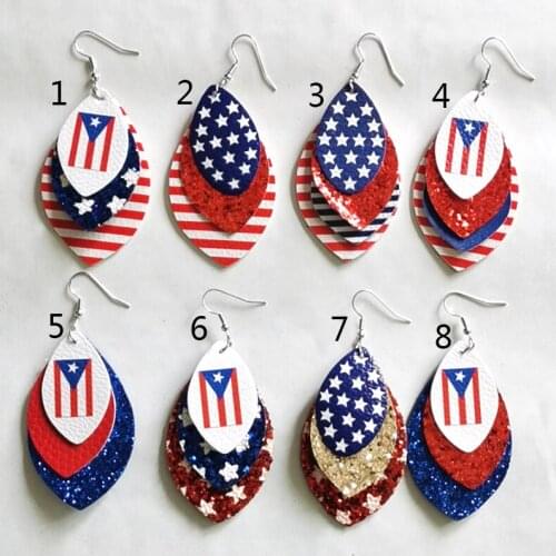 America Flag Printed 4th of July Teardrop Leaf Earrings Layered Glitter Stripe Faux Leather Earrings 2021