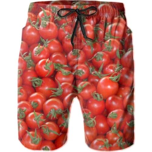 Summer Men Beach Shorts Breathable Quick Dry Funny Novelty Food Full Printed,Food Party running Tomatoes Hawaii Pants