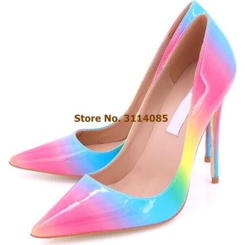 Young Ladies Sweet Rainbow Strap Patent Leather High Heel Shoes 12cm 10cm 8cm Stiletto Heels Shallow Pumps Multi-color Shoes
