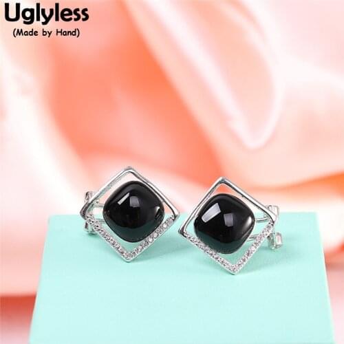 Uglyless Square in Square Natural Agate Ear Clips for Women Hollow Square Studs Earrings Real 925 Sterling Silver Brincos Bijoux