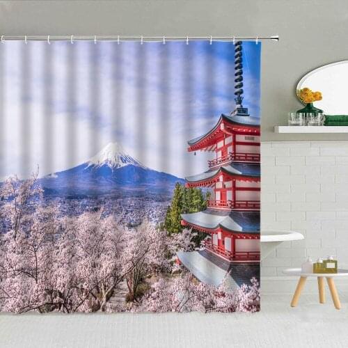 Japanese Mount Fuji Theme Shower Curtain Sakura Pavilion Landscape Bathroom Fabric Hanging Curtains Decor 3D Printing Washable