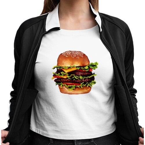 Breakfast Summer Nutrition Tops for Women 2021 Lifestyle Short Sleeve Sweet and delicious burger Summer O-Neck Y2K White 90S