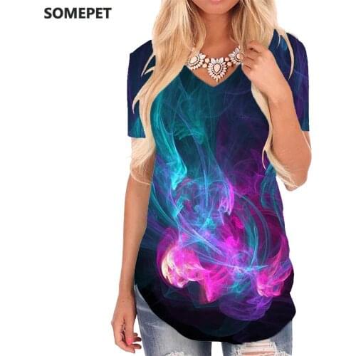 SOMEPET Colorful T-shirt women Abstract Tshirts Printed Graphics Shirt Print Smoke Cloud V-neck Tshirt Womens Clothing Punk Rock