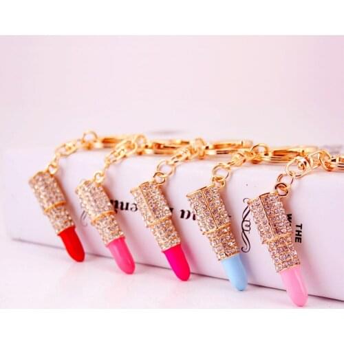 Womens Korean-Style Creative Craft Small Gift Diamond-Set Lipstick Key Ring Bag Accessories Metal Pendant Key Ring