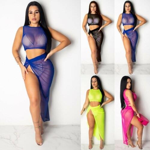 2PCS/SET Women Ladies See-through Mesh Sheer Bikini Cover Up Bathing Suit Lace Crochet Swimwear Beach Silt Split Skirt New