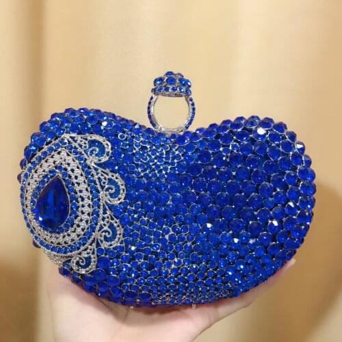 Heart Shaped Silver Metal Blue Rhinestone Wedding Purse Elegant Women Diamond Party Prom Clutches Crystal Female Dinner Handbags