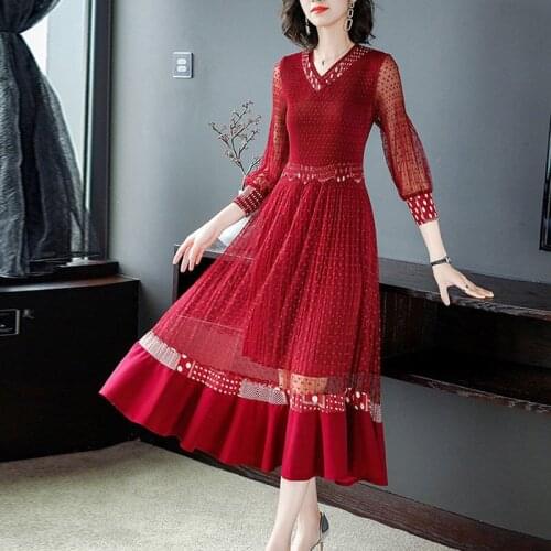 2021 Spring Fall Casual Women V Neck Dot Ruffled Red Black Full Sleeve Pleated Dress , Woman Clothing 4xl 4xl Long Dresses