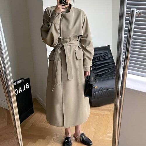 2021 Autumn Fashion Long Sleeve Trench Coat Womens Korean Casual Belt Cardigan Long Outerwear Loose Overcoat