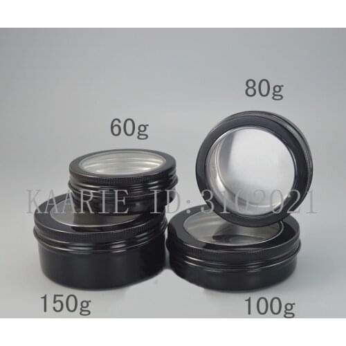 60/80/100/150g ML Refillable empty round aluminum tin cans bottle with window lids,skylight black Cream box tea aluminum jar