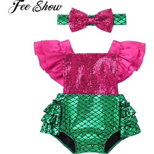 Infant Baby Girls Shiny Sequins Mermaid Romper Adjustable Ruffled Straps Backless Jumpsuit with Headband Sunsuit Clothes Outfits