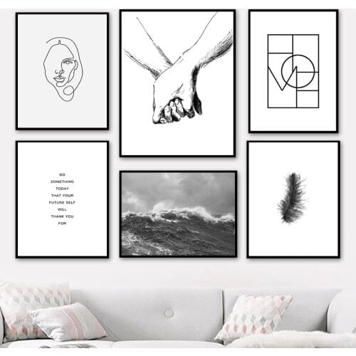 Black White Line Sea Waves Feather Hand Wall Art Canvas Painting Nordic Posters And Prints Wall Pictures For Living Room Decor