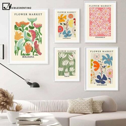 Flower Market Colorful Retro Canvas Painting Abstract Art Poster Nordic Print Indie Pop Wall Picture for Living Room Decoration