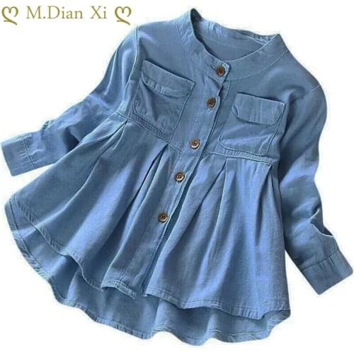 Girls Dress Toddler Kids Baby Girls Long Sleeve Small Pleated Light Buttoned Denim Dress Children Clothes 2-7Y