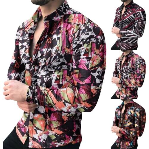 Men T Shirts Casual Geometric Print Shirt Long Sleeve Button Turn-Down Collar Top New Fashion Casual Shirts For Men Dropshipping