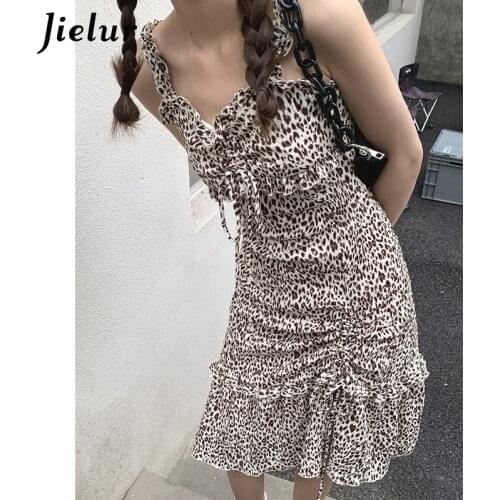 Jielur Leopard Printing High Waist Midi Dresses for Womens Asymmetrical Camisole Dress Lady A-line Sexy Dress Female S-L