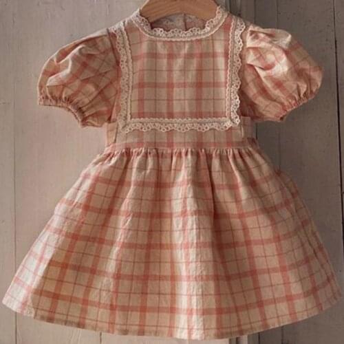 Baby girl Summer New Plaid puff Sleeve Dress kids lace stitching Cotton princess dress