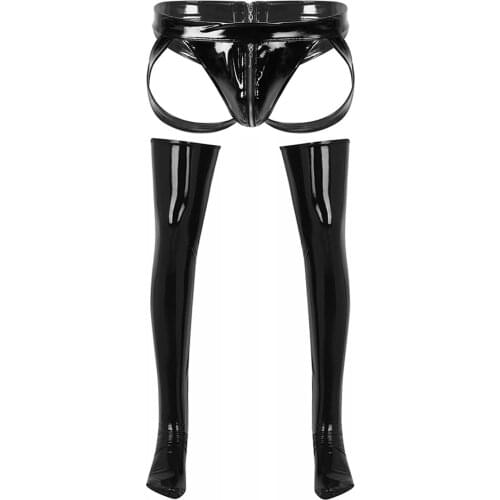 Hot Eroxtic Mens Patent Leather Jockstrap Mens Crotchless Zipper Briefs Jock Strap Underwear with Thigh High Footed Stockings