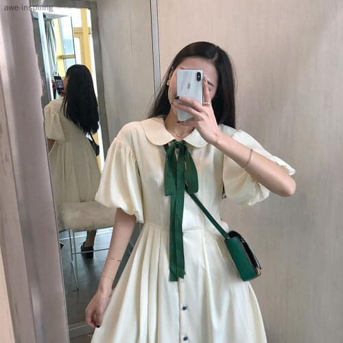2021 Summer New Dress College Style Sweet Bow Female Fresh Long Skirt Loose and Thin Mid-length A-line Skirt Reduce Age