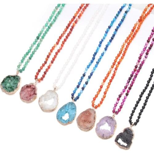 Natural Semi Precious Stone Necklace Classic Style Bead Chain 6mm 90cm Crystals Agates Pendant 38 * 47mm For Woman
