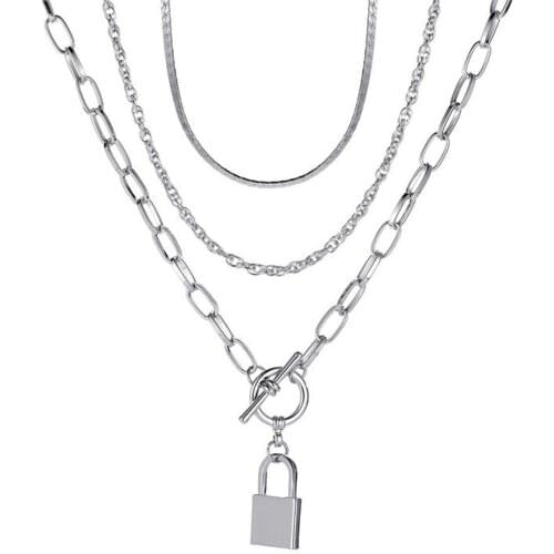 Hip Hop Lock Necklace Multilayer Star Pearl Choker Necklaces for Women Gold Punk Layered Link Chain Pendant New Goth Jewelry