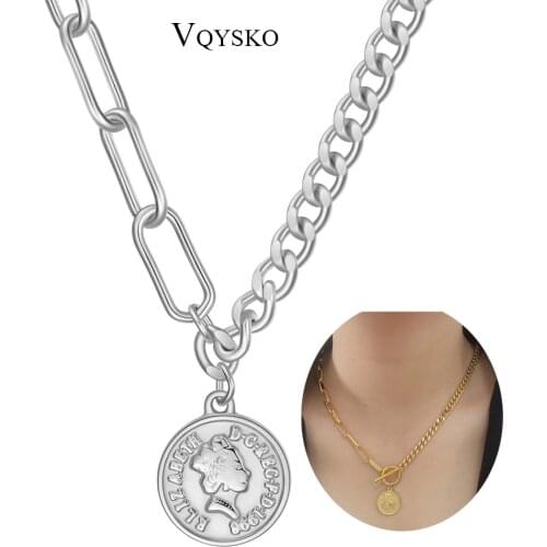 Fashion Bohemian Portrait Coin Necklace For Women Gift Stainless Steel Geometric Round Lock Pendant Choker Sweater Jewelry