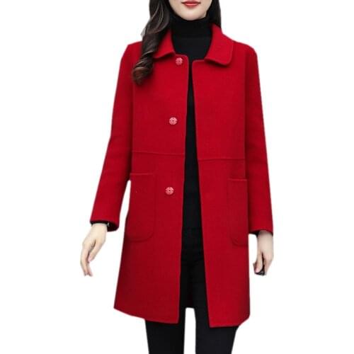 Women Autumn Winter Single-breasted Midi Coat Woolen Outwear Office Long Sleeve Woolen Coat female Plus size Wool Coats R307