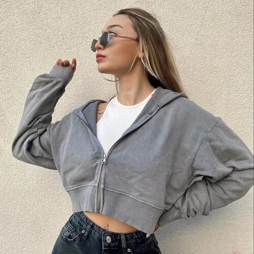 Casual Zip Up jacket Cropped gray Hoodies Women Harajuku Pockets Basic Autumn Jacket Solid Y2K Short Hooded grunge Sweatshirts