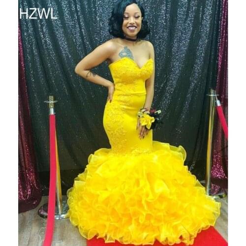Bright Yellow African Black Girls Mermaid Prom Dresses Long Sweetheart Dubai Arabic Plus Size Evening Gowns Formal Party Dress