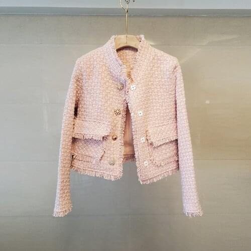Vintage Palid Tweed Jacket Women Design Buttons Stand Neck Long Sleeve Autumn Winter Jacket Elegant Coat Harajuku Bomber B586