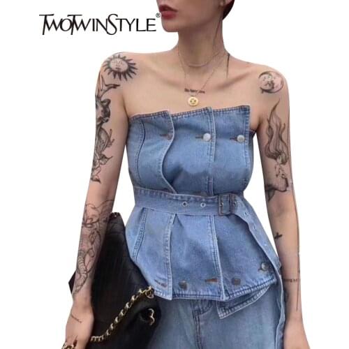 TWOTWINSTYLE Sexy Irregular Women Tank Top Strapless Sleeveless High Waist With Sashes Vest For Female 2020 Fashion Clothes Tide