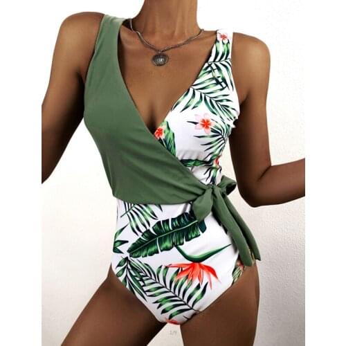 Women Swimwear Flowers Spliced Cross Lace-Up One-piece Swimsuit Backless Push Up Padded Swimming Suit Female Beachwear Biquini