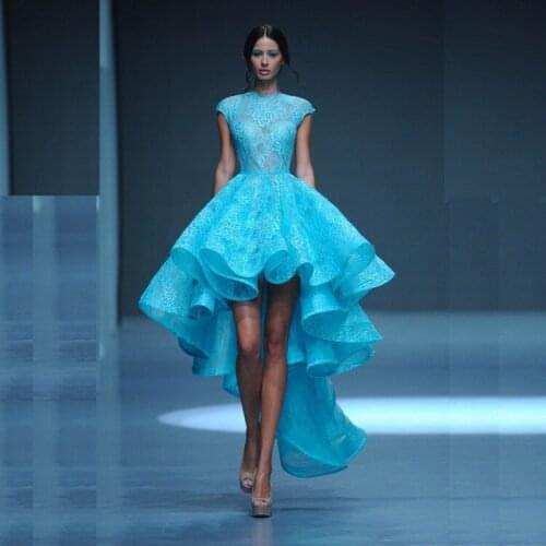 Robe De Soiree Long Elegant Women High Low Jewel Neck Cap Short Sleeve Blue Vintage Lace party prom gown 2018 bridesmaid dresses